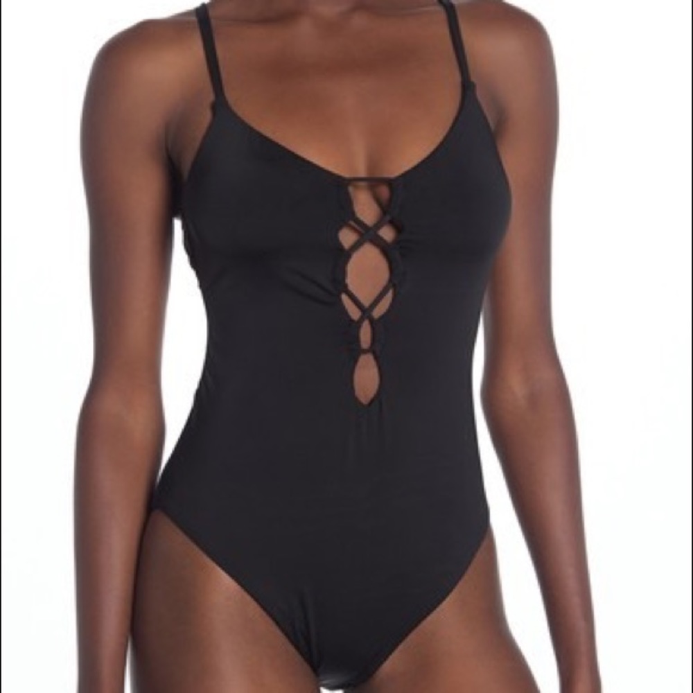 Lucky brand-Lace-Up Open Back One-Piece Swimsuit
